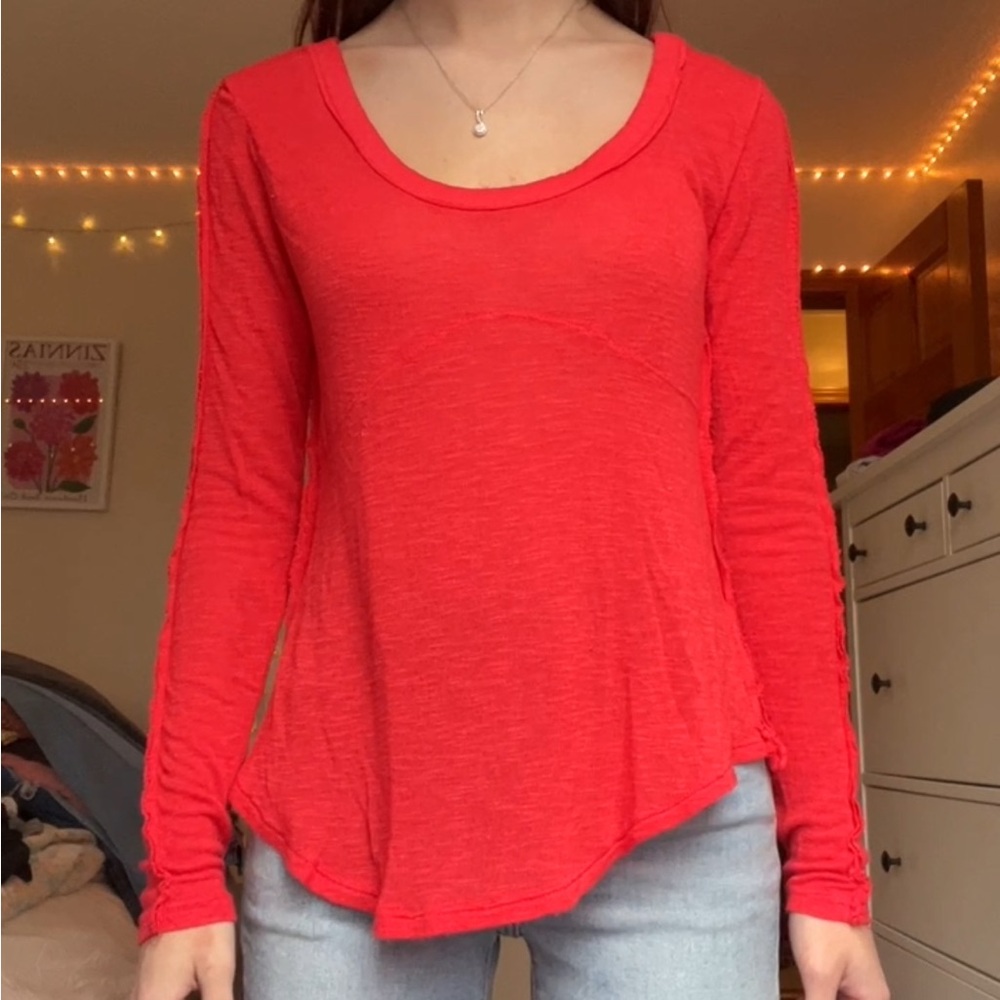 Free People Bright Red Long Sleeve Top